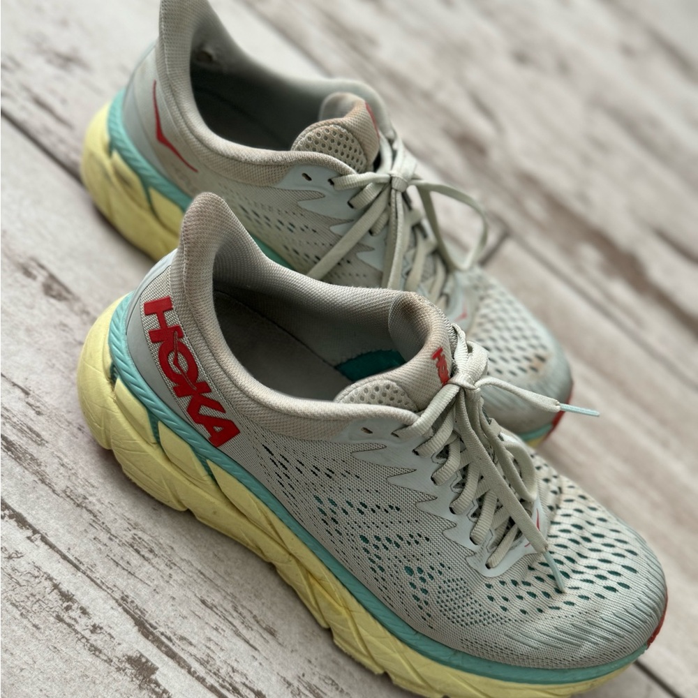 Hoka One One Light Blue and Yellow Clifton 7 Running Shoes